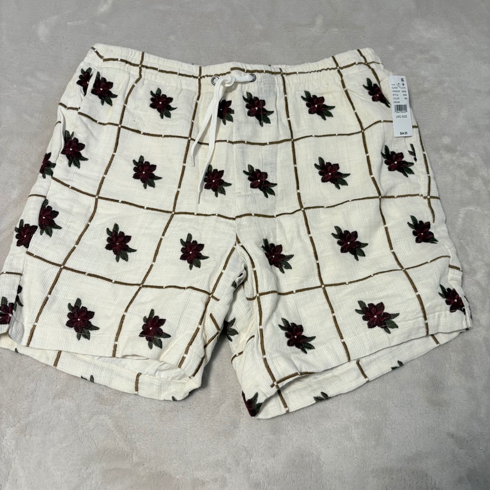 PacSun Floral Embroidered Volley Shorts Mens Cream size Large Grid Cotton NEW